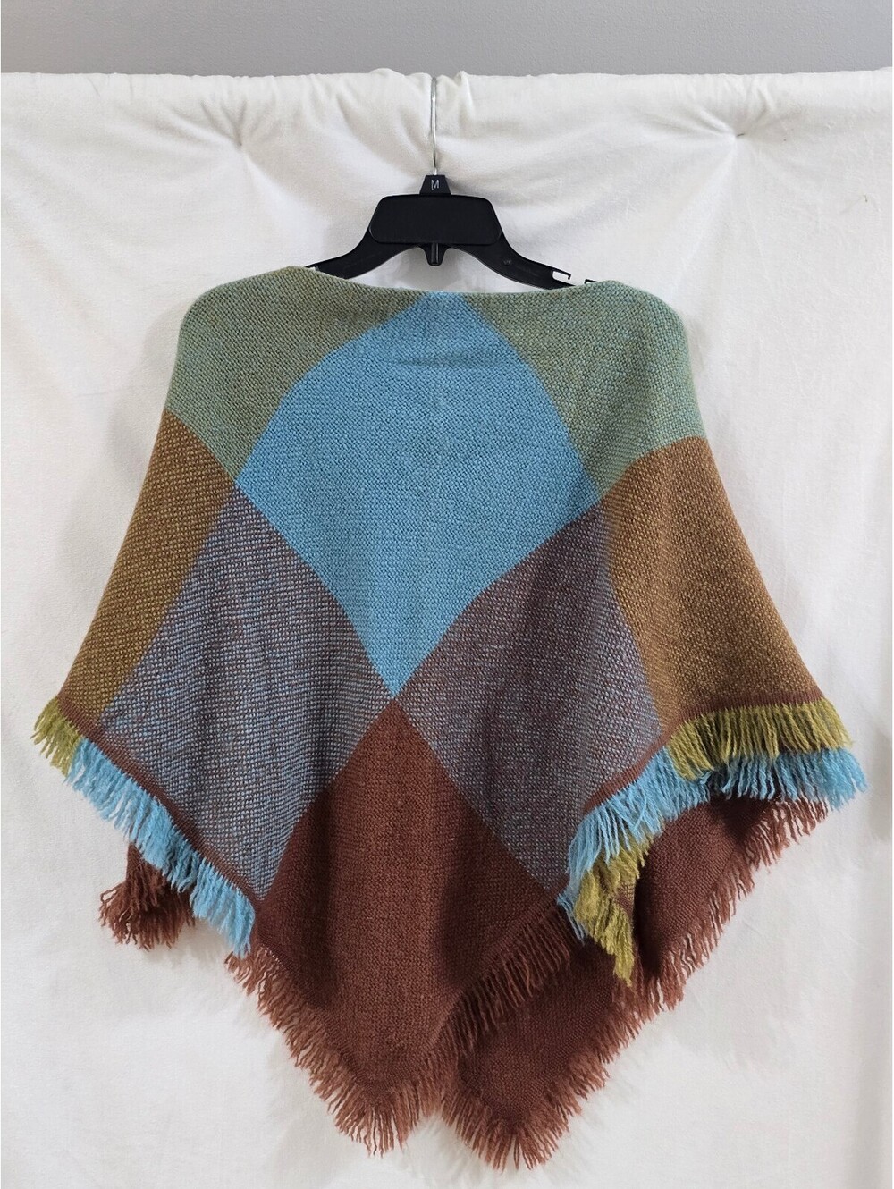 Vintage 1970's Churchill Handwovens Colorblock Wool Poncho with Fringe